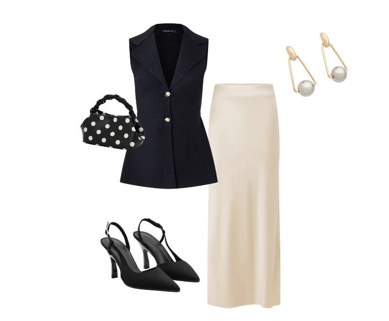 Saia New Midi em Cetim com Fenda Bege ; Colete Alongado em Tricô com Botões Preto ; Bolsa de Mão em PU com Alça Removível e Estampa Poá Preto/Branco ; Sapato Scarpin Slingback com Abertura Lateral Preto ; Brinco Médio com Pingente de Esfera Bicolor Dourado/Prata