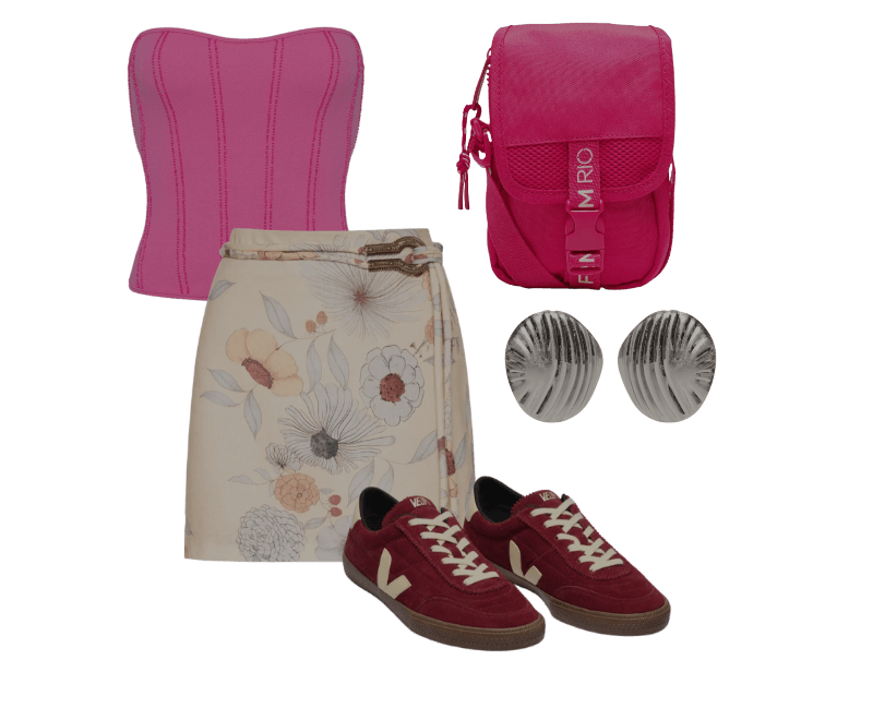 Saia Curta Linho Estampa Fleur Bege Maria Filó ; Tênis Feminino Panenka Suede Vermelho Veja ; Bolsa Feminina Fervo Arco-Íris Tropical Rosa Farm Etc ; Brinco Feminino Texturizado Em Metal Fosco Prateado '2Essential ; Blusa Feminina Corset Jolie Bordado Rosa Triya