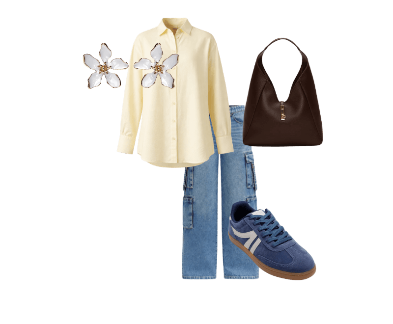 camisa feminina com linho manga longa amarela ; calça cargo feminina jeans cintura média azul ; tênis casual com recortes bicolor azul ; bolsa shoulder com fecho de metal marrom ; brinco feminino floral branco