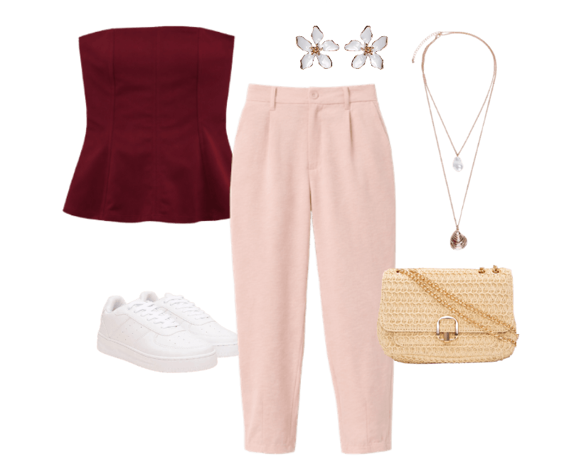 blusa peplum feminina sem alça texturizada vinho ; calça feminina pregas rosa ; Tênis casual cano baixo ace branco ; bolsa shoulder de palha alça corrente bege claro ; brinco feminino floral branco ; Colar duplo feminino pérola e concha dourado