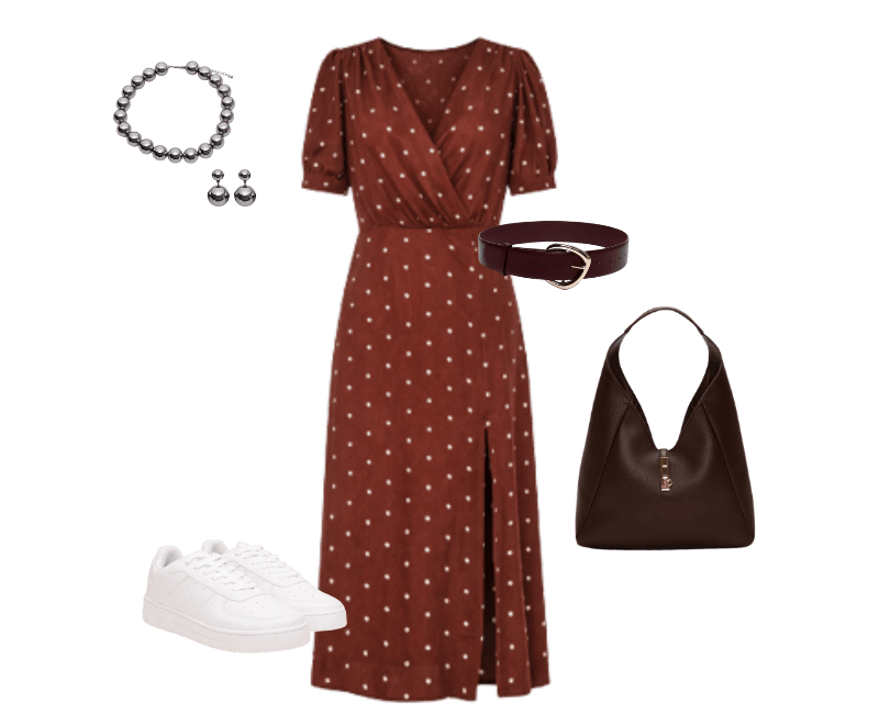 vestido midi feminino transpassado de viscose poá marrom ; Tênis casual cano baixo ace branco ; bolsa shoulder com fecho de metal marrom ; cinto feminino com fivela orgânica vinho ; kit de colar e brinco com pérolas prateado