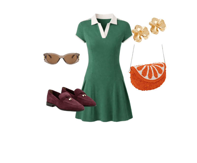Vestido Curto em Ribana com Gola Polo Contrastante Verde ; Mocassim em Couro Camurça com Ponteira Metálica Vinho ; Bolsa Hobo em Miçanga com Alça Transversal e Tampa de Laranja Laranja ; Óculos de Sol Quadrado Levemente Gateado com Detalhe Lateral de Metal Marrom ; Maxi Brinco com Formato de Flor Orquídea Dourado