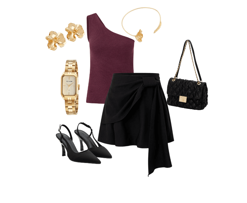 Relógio Mondaine Feminino Analógico Dourado ; Blusa em Ombro Único com Textura Bordô ; Bolsa Shoulder Grande Texturizada com Locker Metal em Light Gold Preto ; Sapato Scarpin Slingback com Abertura Lateral Preto ; Saia Curta em Alfaiataria com Efeito de Laço Frontal Preto ; Gargantilha Choker em Metal com Flor e Pétala nas Extremidades Dourado ; Maxi Brinco com Formato de Flor Orquídea Dourado