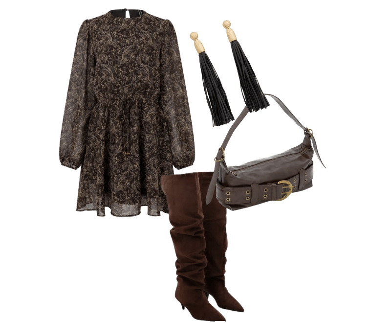 Look outono elegante com vestido estampado