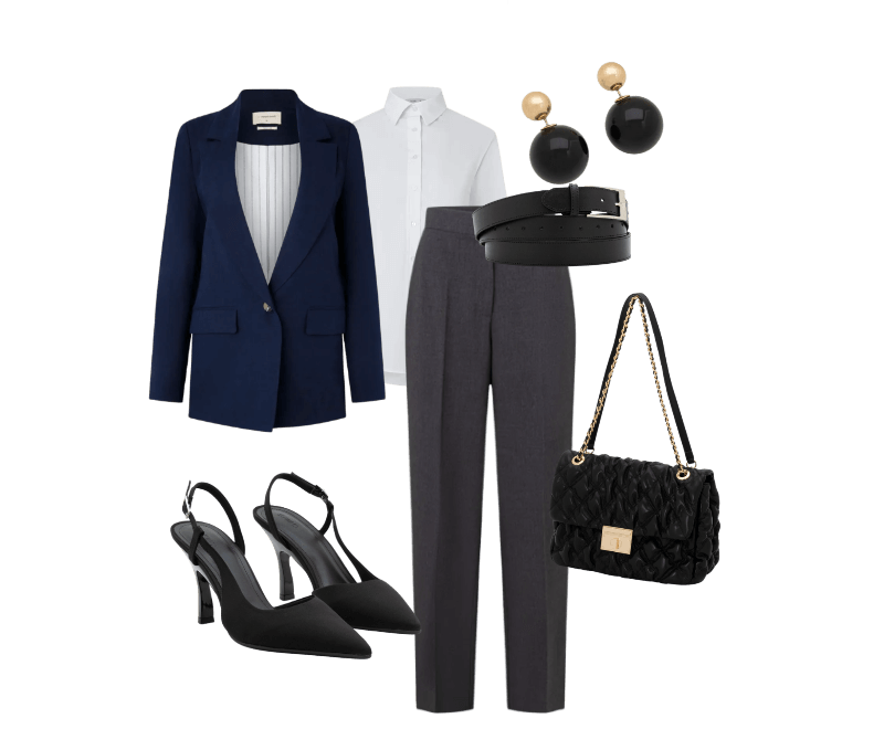 Camisa em Tricoline com Abotoamento e Punho Largo Branco Neve ; Blazer em Viscolinho com Lapelas e Botão Único Azul Escuro ; Cinto Alongado em Couro com Volta Dupla e Fivela Quadrada Metalizada Preto ; Calça Reta em Alfaiataria com Bolso Faca Cinza ; Bolsa Shoulder Grande Texturizada com Locker Metal em Light Gold Preto ; Sapato Scarpin Slingback com Abertura Lateral Preto ; Brinco Duplo Pérola Invertida em Resina Preto/Dourado