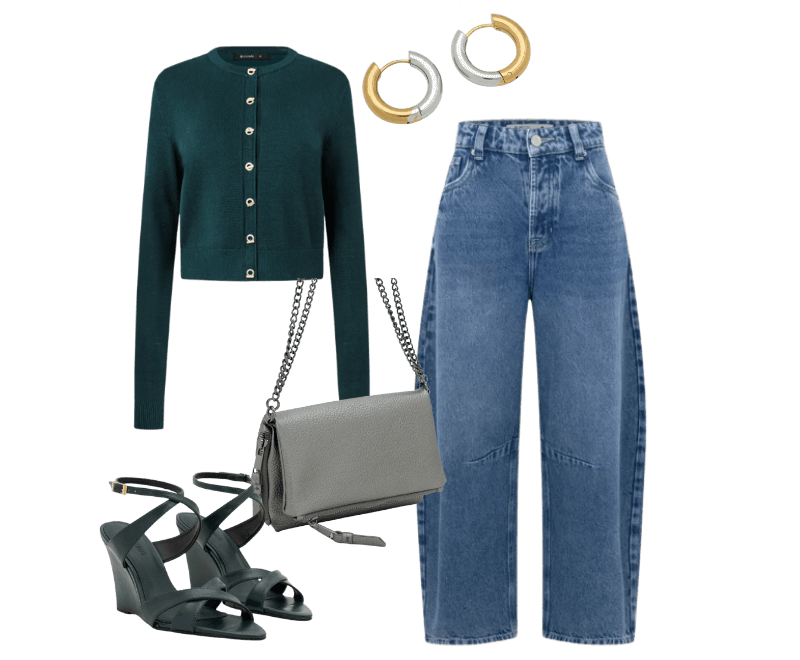 Cardigan Regular em Tricô com Botões e Modelagem Verde ; Calça Barrel em Denim com Cintura média e Five Pockets Estruturados Azul ; Argola com Banho Misto em Aço Inoxidável a Prova D'água Dourado/Prata ; Carteira Envelope Grande com Alças de Corrente Cinza ; Sandália Anabela com Bico Folha e Tiras Cruzadas Verde