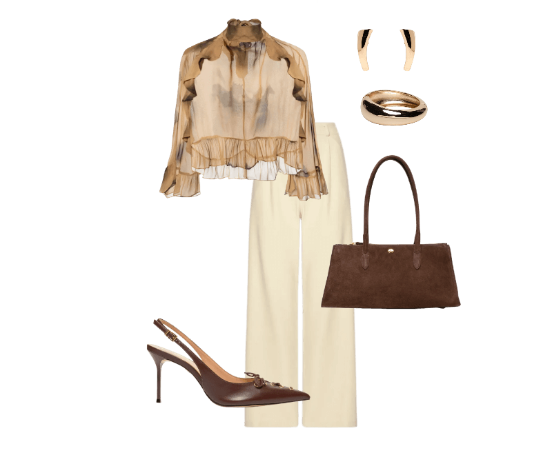 Calça Feminina Slim Com Pregas Bege Basiq ; Scarpin Slingback Sabrine Couro Marrom Schutz ; Bolsa Feminina Média Camurção Marrom Luiza Barcelos ; Bracelete Feminino Redondo Dourado Basiq ; Brinco Feminino Polido Liso Dourado D'santis Joias ; Blusa Feminina Estampada Bege Open