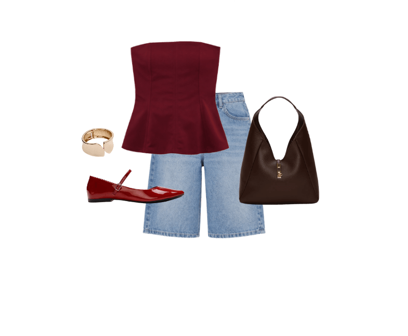 blusa peplum feminina sem alça texturizada vinho ; bermuda feminina jeans cintura média azul ; sapatilha boneca com fivela oneself vinho ; bolsa shoulder com fecho de metal marrom ; bracelete arredondado dourado