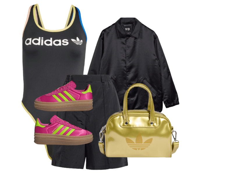 Jaqueta Coach Estampada Y-3 ; SHORTS BERMUDA ; Body Linear Logo ; Sapato Gazelle Bold ; Minibolsa Bowling Adicolor