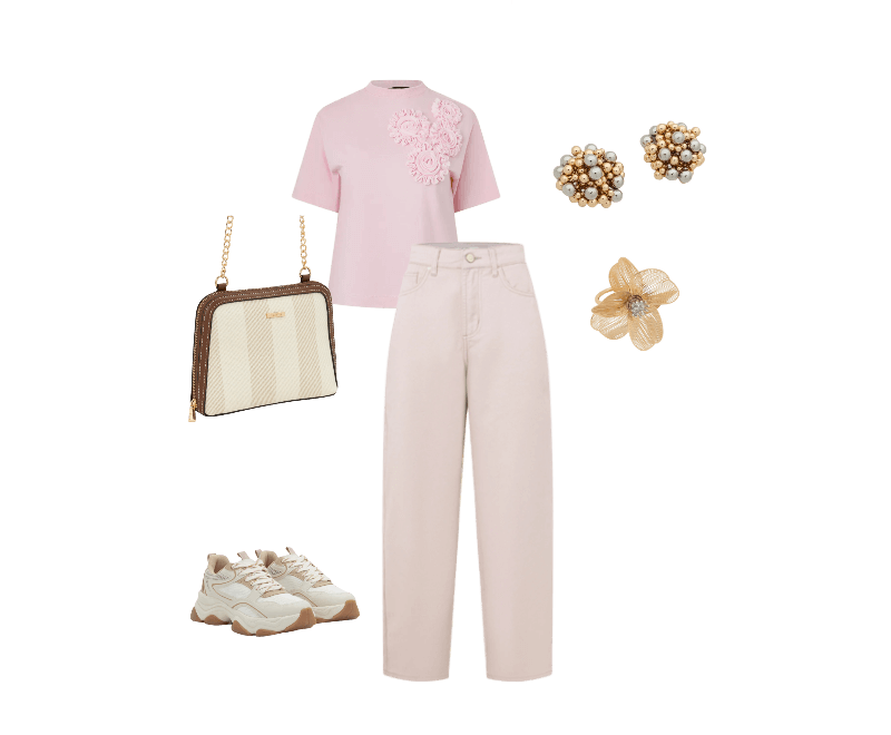 Blusa em Algodão com Flores de Tecido no Ombro Rosa ; Maxi Anel em Metal com Formato de Flor Aramada Dourado ; Calça Baggy Cintura Média em Sarja com 05 Bolsos Rosa ; Bolsa Transversal Pequena com Estampa Listrada e Alça de Corrente Off White ; Tênis Chunky em PU com Detalhes Ondulados Bege ; Brinco Botão em Plástico com Esferas Dourado/Prata