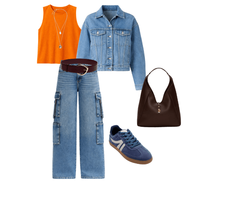 jaqueta jeans feminina azul ; regata alongada de algodão flamê laranja ; calça cargo feminina jeans cintura média azul ; tênis casual com recortes bicolor azul ; bolsa shoulder com fecho de metal marrom ; cinto feminino com fivela orgânica vinho ; Colar duplo feminino pérola e concha dourado