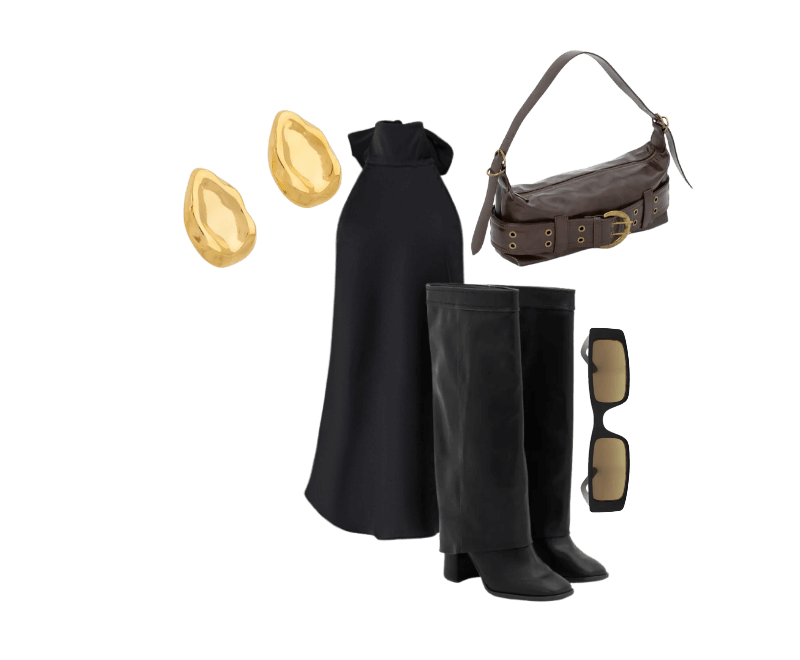 Vestido Curto Frente Única em Cetim com Gola Halter Preto ; Brinco Botão em Aço Inoxidável a Prova D'água Dourado ; Bolsa Baguete Média em PU com Detalhes Metalizados Marrom ; Bota Cano Alto em PU com Pala Sobreposta Preto ; Óculos de Sol Quadrado com Lente Marrom e Hastes Fina Preto