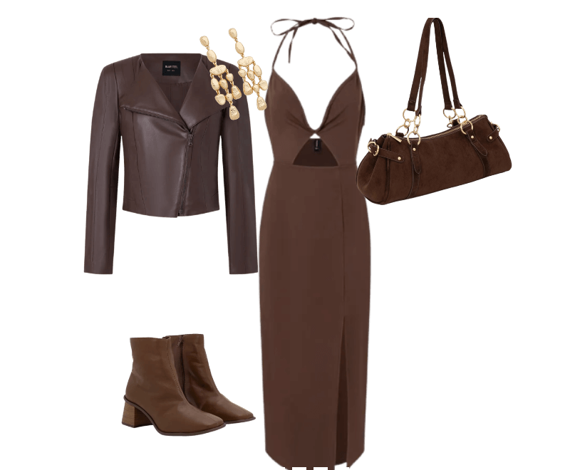 Brinco Médio com Franja em Esferas Marteladas Dourado ; Bolsa Suede Média Com Detalhes Metalizados Marrom ; Jaqueta em PU com Ombreira e Zíper Marrom ; Vestido Midi com Decote V e Busto Franzido Marrom ; Bota Cano Médio em Couro com Bico Quadrado e Salto Bloco Marrom