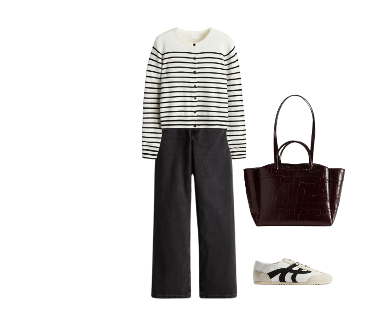 Tênis ; Wide high jeans ; Bolsa shopper ; Cardigan em malha tricô leve