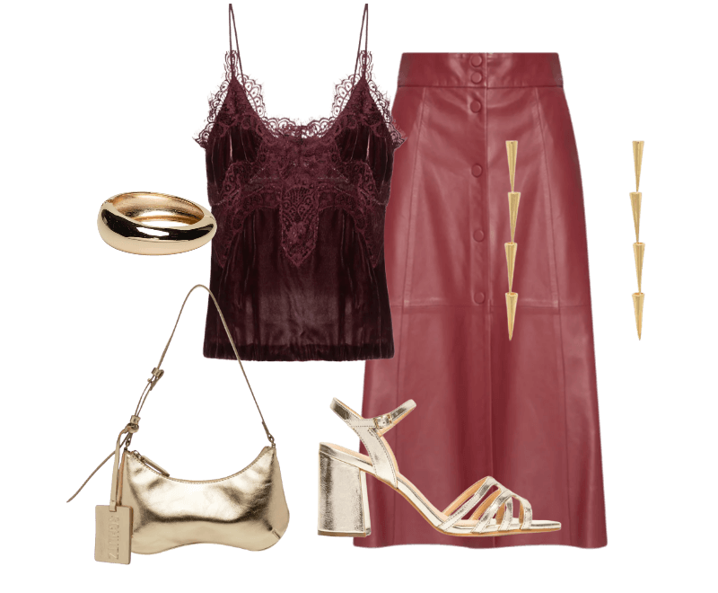 Bolsa Feminina Média Stellare Tecno Dourado Schutz ; Brinco Feminino Spina Longo Dourado Vehr ; Bracelete Feminino Redondo Dourado Basiq ; Sandália Feminina Salto Bloco Metalcolor Dourado Luiza Barcelos ; Regata Feminina Em Veludo Roxo Animale ; Saia Valen Couro Vermelho Le Lis