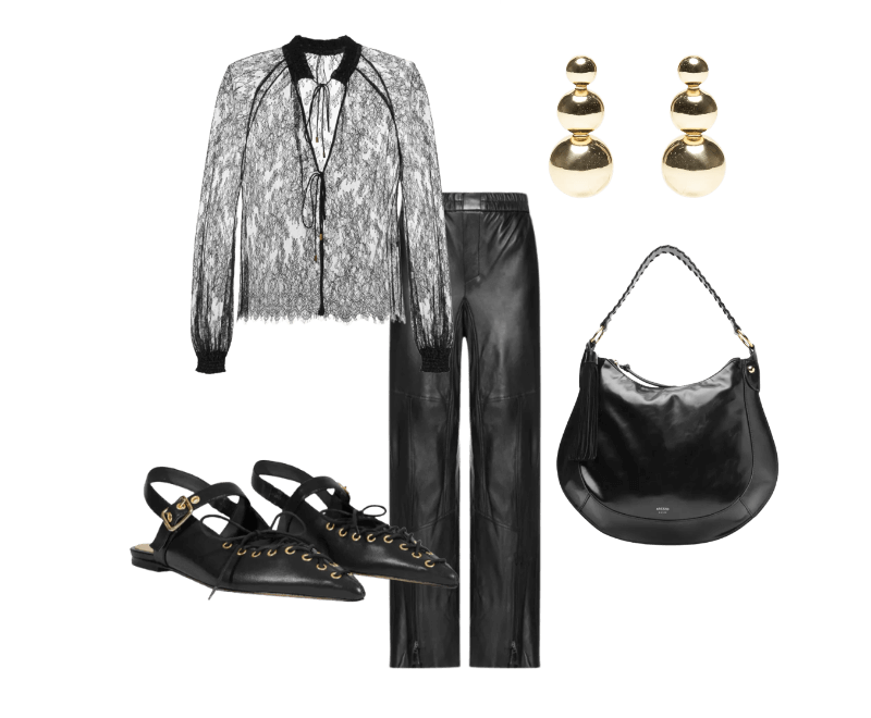 Sapatilha Feminina Sabrine Couro Preto Schutz ; Bolsa Feminina Hobo Grande Barbicacho Preto Arezzo ; Brinco Feminino Orbe Tre Dourado Andressa Delamuta ; Bata Feminina Decote Renda Preto Animale ; Calça Feminina De Couro Sport Recorte Pespontos Preto Animale