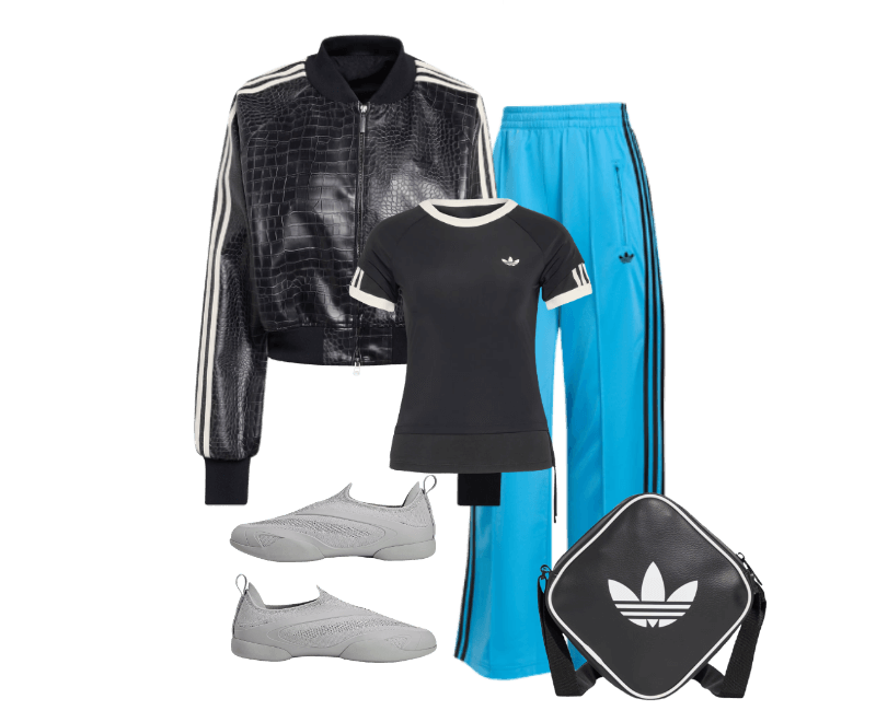 Bolsa Adicolor Classic Diamond ; CAMISETA DOUBLE LAYERED CALI ; JAQUETA MATERIAL SINTÉTICO SST ; Calça FB TP LOOSE ; Tênis adidas Taekwondo by Stella McCartney