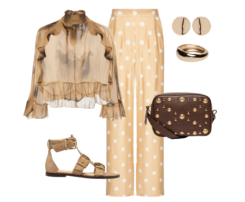 Bolsa Feminina Pequena Viena Marrom Luiza Barcelos ; Brinco Feminino Maxi Botão Liga Especial Dourado D'santis Joias ; Bracelete Feminino Redondo Dourado Basiq ; Sandália Rasteira Camurção Bege Luiza Barcelos ; Blusa Feminina Estampada Bege Open ; Calça Feminina Pantalona Poá Bege Market 33