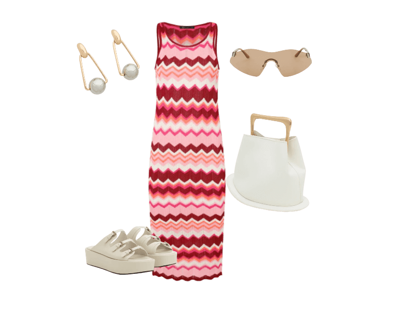 Bolsa Bucket Pequena com Alça de Mão em Metal Base Bola em Metal Off White ; Brinco Médio com Pingente de Esfera Bicolor Dourado/Prata ; Vestido Long Midi em Tricô com Listras Zigue e Zague de Jacquard Multicores ; Sandália Faltform em PU com Mini Fivelas Off White ; Óculos de Sol Máscara com Lente Marrom e Hastes Fina Marrom