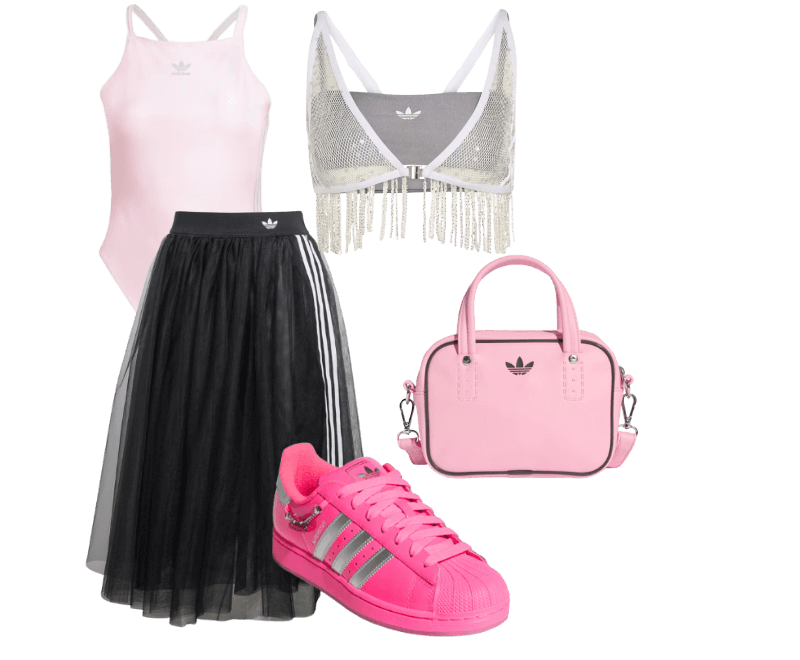 SAIA TULE adidas ORIGINALS ; BOLSA ADICOLOR XS ; BODY TRÊS LISTRAS ; REGATA SUNSET RHYTHMS - SPARKLING ; Tênis Superstar II Boca Rosa