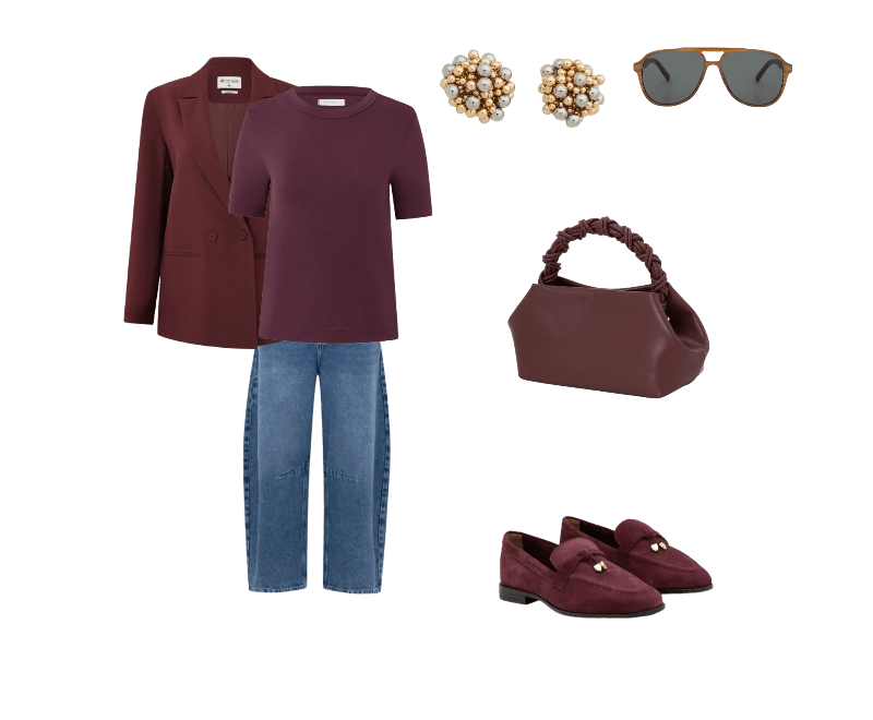 Mocassim em Couro Camurça com Ponteira Metálica Vinho ; Bolsa Pequena com Alça de Mão Trançada e Alça Longa Vinho ; Brinco Botão em Plástico com Esferas Dourado/Prata ; Blusa Básica Ajustada em Ribana com Gola Redonda Bordô ; Blazer Oversized em Alfaiataria com Transpassado e Botões Vermelho ; Calça Barrel em Denim com Cintura média e Five Pockets Estruturados Azul ; Óculos de Sol Aviador com Estampa Efeito Madeira Marrom