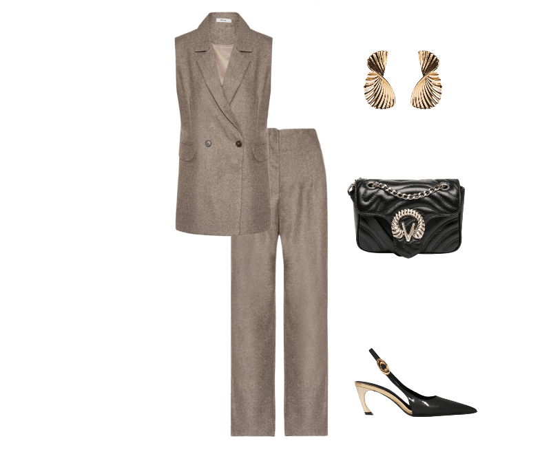 Bolsa Feminina Cint-Lar Camurça Premium Preto Vicenza ; Brinco Feminino Texturizado Orgânico Dourado '2Essential ; Scarpin Slingback Salto Médio Verniz Couro Preto Schutz ; Colete Feminino Alfaiataria Alongada Bege Basiq ; Calça Feminina Slim Alfaiataria Com Bolso Bege Basiq
