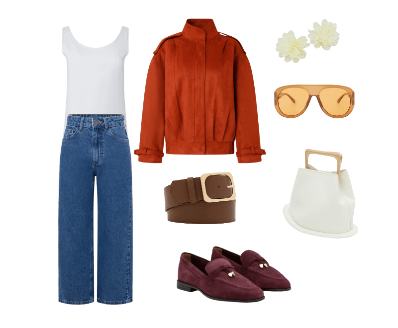 Blusa em Poliamida com Decote U e Alça Larga Branco ; Jaqueta Oversized em Suede com Pregas Terracota ; Calça Cropped Reta Jeans com Lavagem Clássica Médio ; Mocassim em Couro Camurça com Ponteira Metálica Vinho ; Bolsa Bucket Pequena com Alça de Mão em Metal Base Bola em Metal Off White ; Óculos de Sol Aviador com Lente Âmbar Laranja ; Cinto Médio em PU com Fivela Quadrada Marrom ; Maxi Brinco Flor com Pétalas Off White