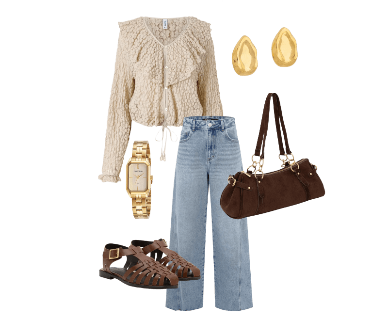 Sandália Rasteira Fisherman com Tiras Trançadas Marrom ; Relógio Mondaine Feminino Analógico Dourado ; Calça Wide em Jeans com Lateral Deslocada Azul Médio ; Bolsa Suede Média Com Detalhes Metalizados Marrom ; Blusa Bata em Renda Texturizada com Babados no Decote Bege Claro ; Brinco Botão em Aço Inoxidável a Prova D'água Dourado