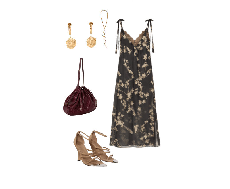 Sandalia Anabela Chamois Metal ; Shopping Bag De Couro Snake ; Colar Gravatinha Dourado Cobra ; Brinco Médio Pendente Medalha Dourado ; Vestido De Georgette Midi Renda Aplicada Estampado