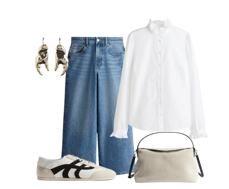 Tênis ; Brincos com pingente de garras de crustáceo ; Bolsa tiracolo em lona ; Jeans largas ; Blusa com gola de babado