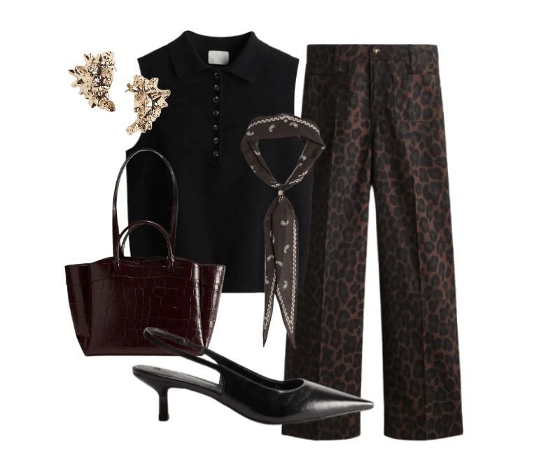 Sapato slingback de bico fino com salto kitten ; Brincos no formato de concha ; Lenço de pescoço com contas ; Bolsa shopper ; Wide high jeans morrom escuro ; Colete de malha com gola preto