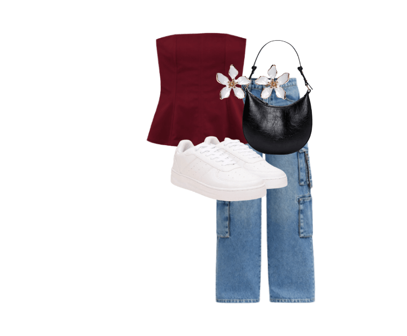 blusa peplum feminina sem alça texturizada vinho ; calça cargo feminina jeans cintura média azul ; Tênis casual cano baixo ace branco ; bolsa baguete alça fina preto ; brinco feminino floral branco