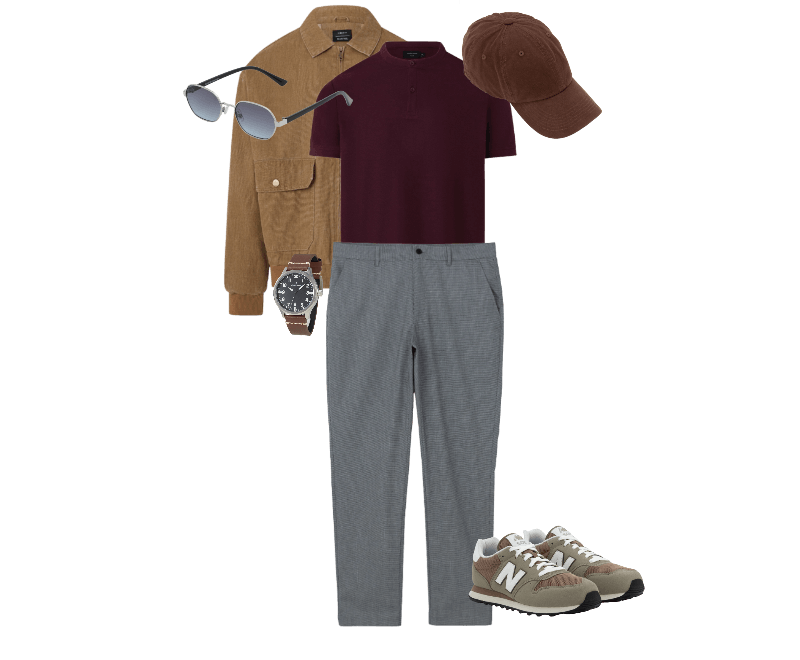 Camisa Polo Slim Em Piquet Texturizado Roxo Escuro ; Jaqueta Bomber Em Sarja Com Bolsos Cargo Marrom ; Calça Slim em Viscose Alfaiatada com Estampa Xadrez em Fio Tinto Cinza ; Tênis New Balance 500V2 em PU com Texturas Cinza ; Óculos de Sol Redondo com Haste Fina e Lente Fume Degrade Prata ; Boné Aba Curva em Algodão com Strapback Marrom ; Relógio Masculino Analógico com Caixa em Metal e Pulseira em Couro Champion Marrom