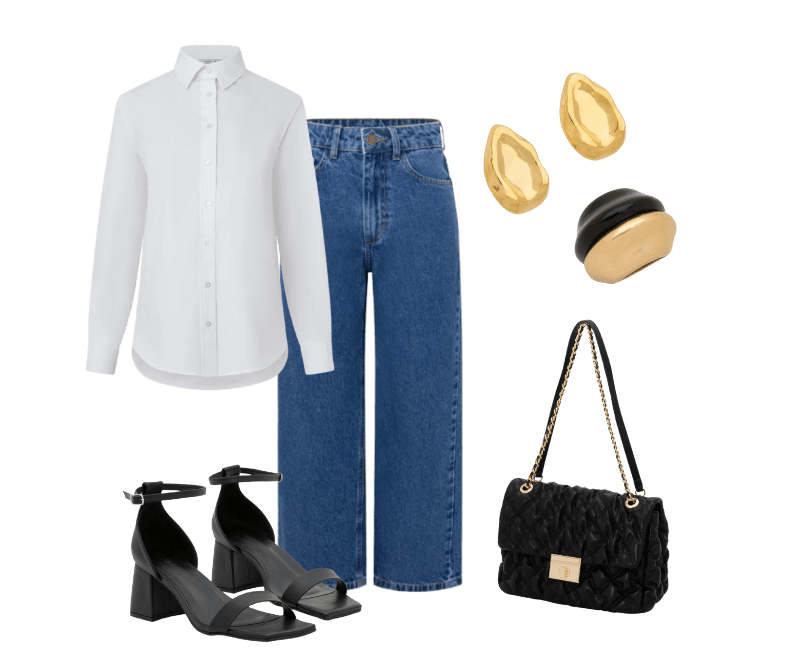 Camisa em Tricoline com Abotoamento e Punho Largo Branco Neve ; Calça Cropped Reta Jeans com Lavagem Clássica Médio ; Maxi Anel com Faces Bicolores Dourado/Preto ; Bolsa Shoulder Grande Texturizada com Locker Metal em Light Gold Preto ; Sandália Básica Com Bico Quadrado E Salto Bloco Preto ; Brinco Botão em Aço Inoxidável a Prova D'água Dourado