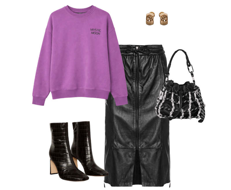 Bota De Couro Croco ; Bolsa De Couro Cordas ; Argolinha Gossa Dourada Com Pedra Única ; Saia De Couro Midi Sport ; Casaco De Moletom Com Silk 3d Roxo