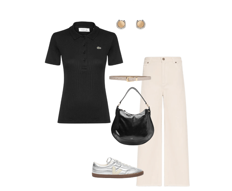 Polo Feminina Slim Fit Em Algodão Preto Lacoste ; Cinto Feminino Em Couro Com Fivela Ouro Velho Off White Market 33 ; Calça Feminina Sarja Cropped Wide Off White Maria Filó ; Brinco Feminino Metal Misto Escovado Dourado Basiq ; Bolsa Feminina Hobo Grande Barbicacho Preto Arezzo ; Tênis Feminino Panenka O.T. Prateado Veja