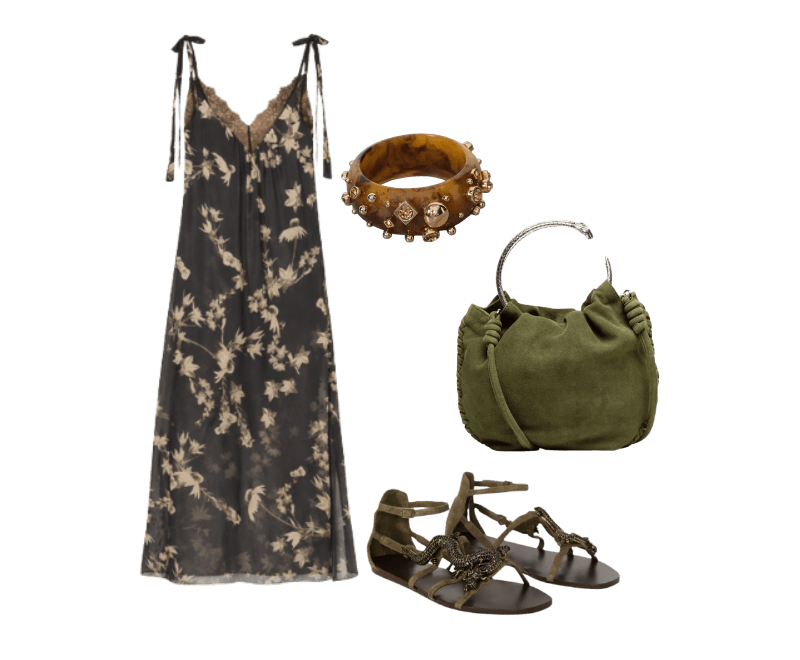 Rasteira De Couro Dragao ; Bolsa De Chamois Mini Metal Snake ; Bracelete Resina Marrom Cravejado ; Vestido De Georgette Midi Renda Aplicada Estampado
