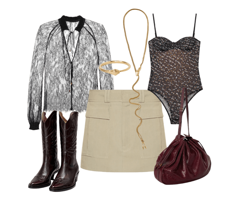 Bota Western ; Shopping Bag De Couro Snake ; Colar Gravatinha Dourado Cobra ; Bracelete Serpente Dourado ; Body De Tule Com Alças Estampado Pois Lente ; Bata De Renda Manga Longa Preta ; Saia Bolsos Kaki