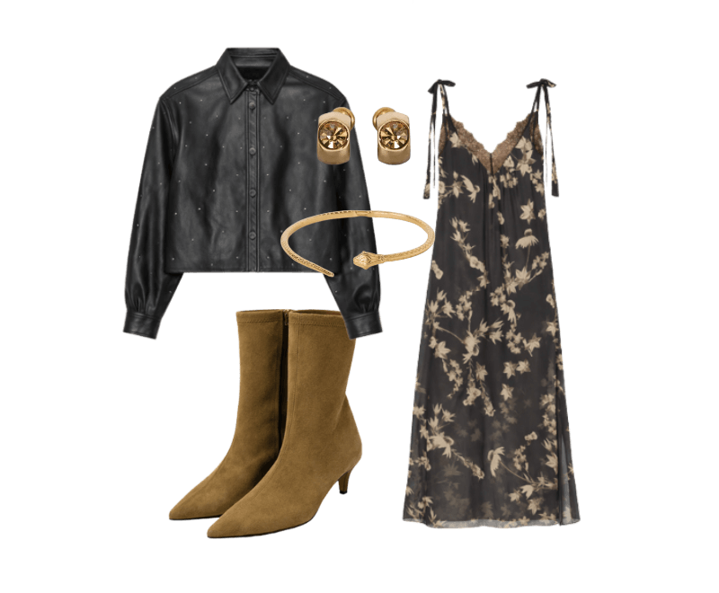 Bota De Chamois Stretch ; Chocker Cobra Dourada ; Argolinha Gossa Dourada Com Pedra Única ; Camisa De Couro Mini Tachas ; Vestido De Georgette Midi Renda Aplicada Estampado