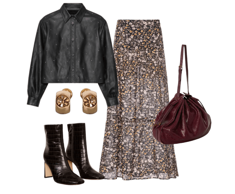 Bota De Couro Croco ; Shopping Bag De Couro Snake ; Argolinha Gossa Dourada Com Pedra Única ; Camisa De Couro Mini Tachas ; Saia De Voil Longa Estampada