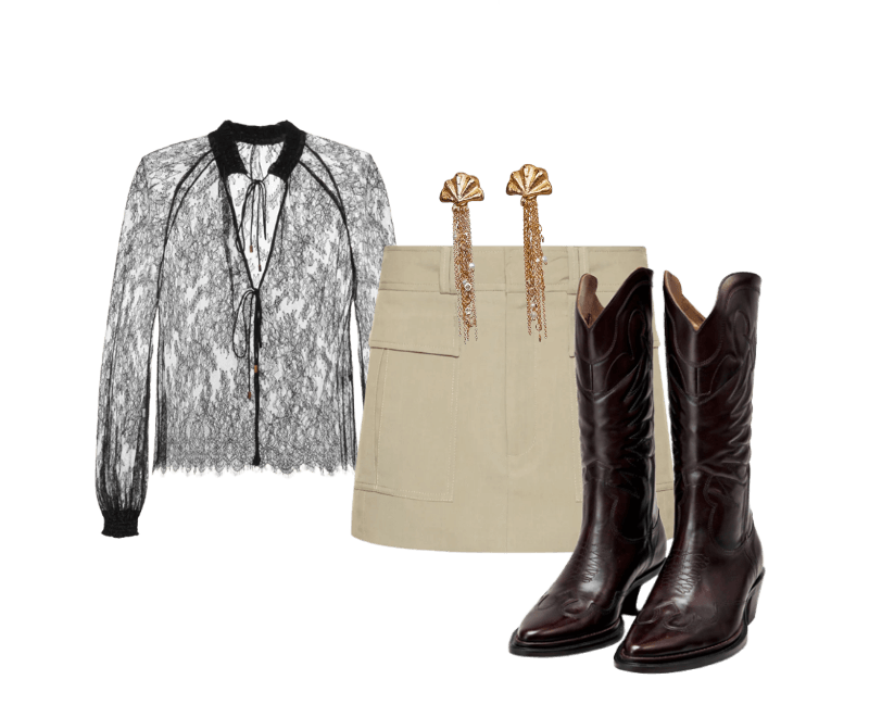 Bota Western ; Brinco Concha Com Franja Dourado ; Bata De Renda Manga Longa Preta ; Saia Bolsos Kaki