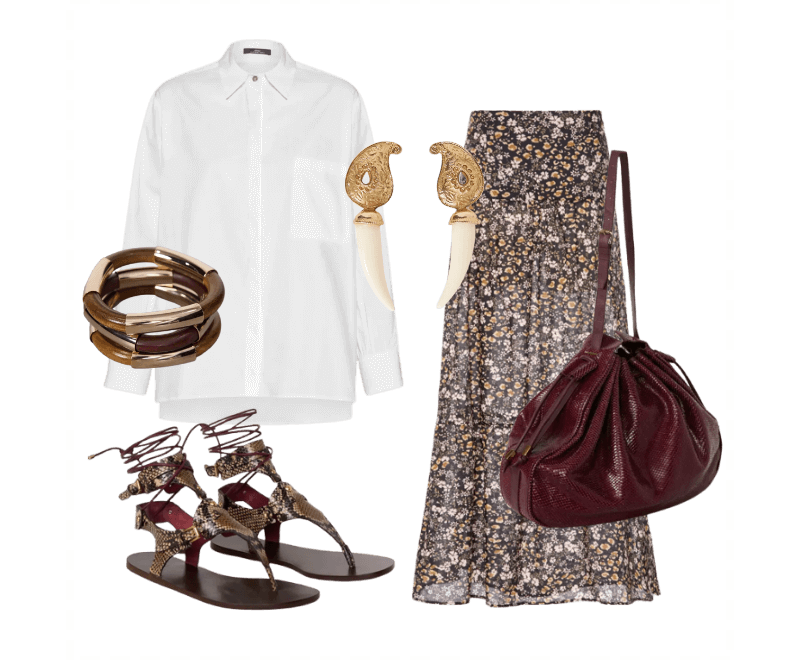 Shopping Bag De Couro Snake ; https://www.animale.com.br/brinco-pesley-dourado-ouro-velho-27-03-1488-1201-374578/p ; Kit Braceletes Madeira ; Camisa De Tricoline Essential ; Rasteira De Couro Ankle Snake ; Saia De Voil Longa Estampada