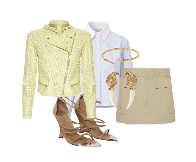 Sandalia Anabela Chamois Metal ; Chocker Cobra Dourada ; https://www.animale.com.br/brinco-pesley-dourado-ouro-velho-27-03-1488-1201-374578/p ; Jaqueta De Couro Motor Furadinha ; Camisa Cropped De Tricoline Vichy ; Saia Bolsos Kaki