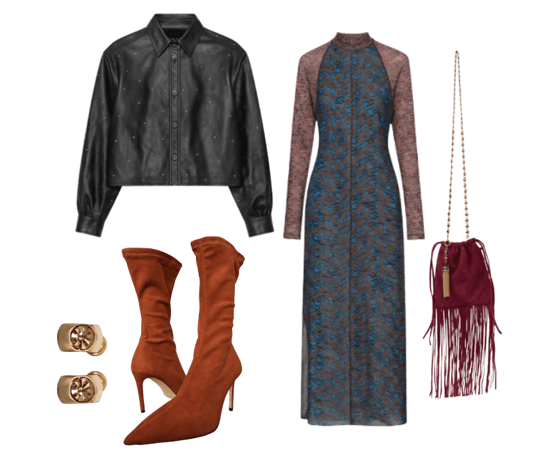 Bota De Chamois Stretch ; Bolsa De Camurca Spike ; Argolinha Gossa Dourada Com Pedra Única ; Camisa De Couro Mini Tachas ; Vestido De Tule Duplo Gola Alta Com Manga Longa Geo Tigre