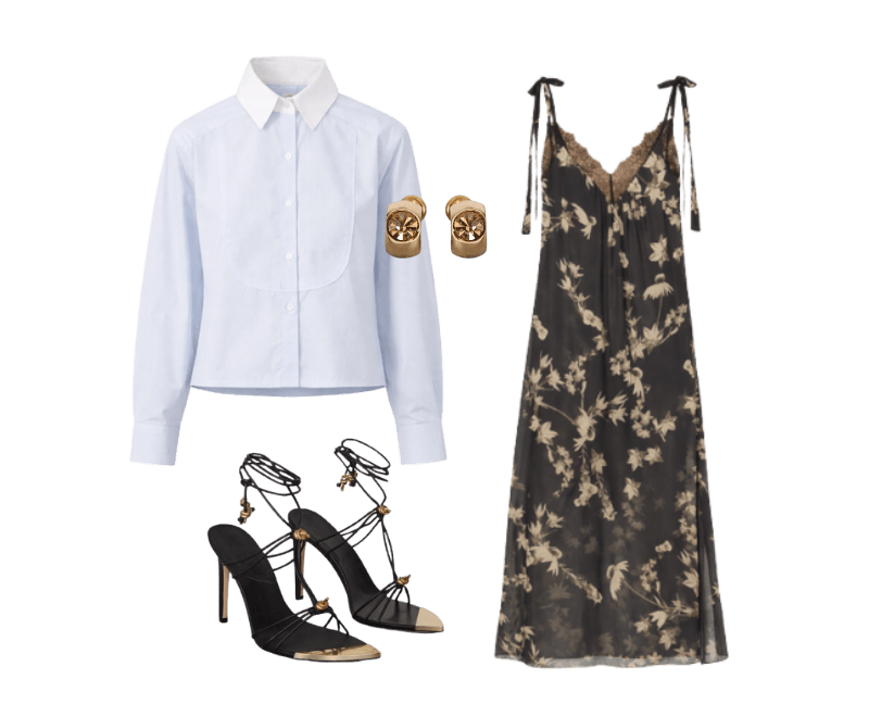 Sandalia De Couro Rolote Com Detalhe Metal ; Argolinha Gossa Dourada Com Pedra Única ; Camisa Cropped De Tricoline Vichy ; Vestido De Georgette Midi Renda Aplicada Estampado