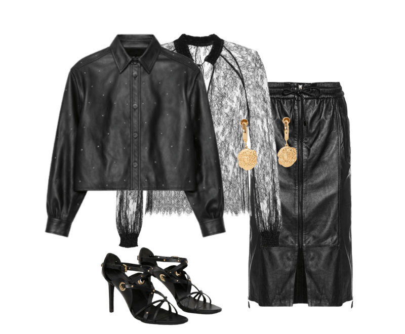 Sandalia De Couro Ilhos ; Brinco Médio Pendente Medalha Dourado ; Camisa De Couro Mini Tachas ; Bata De Renda Manga Longa Preta ; Saia De Couro Midi Sport