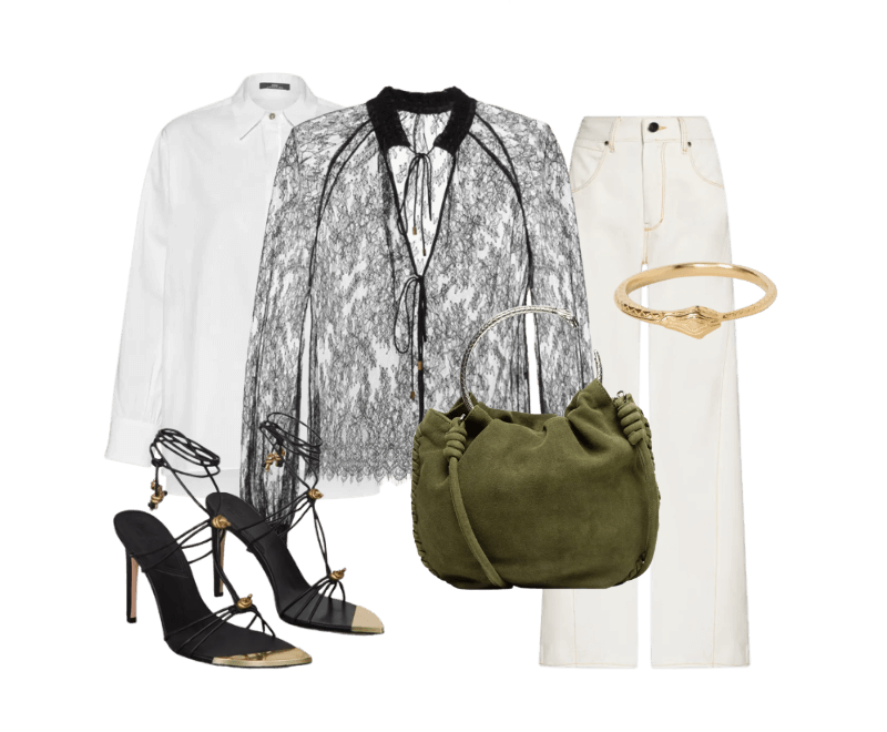 Sandalia De Couro Rolote Com Detalhe Metal ; Bolsa De Chamois Mini Metal Snake ; Bracelete Serpente Dourado ; Camisa De Tricoline Essential ; Bata De Renda Manga Longa Preta ; Calça De Sarja Cintura Baixa Duo Sarja