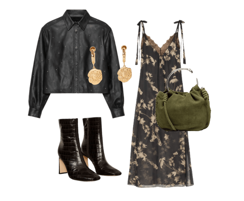 Bota De Couro Croco ; Bolsa De Chamois Mini Metal Snake ; Brinco Médio Pendente Medalha Dourado ; Camisa De Couro Mini Tachas ; Vestido De Georgette Midi Renda Aplicada Estampado