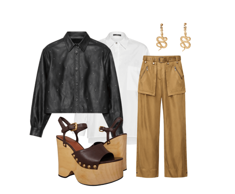 Sandalia De Couro Plataforma Tachas ; Brinco Argolinha Pingente Longo Serpente Dourado ; Camisa De Tricoline Essential ; Camisa De Couro Mini Tachas ; Calça Bolsos De Cupro Verde Antique Com Cinto Em Ilhós