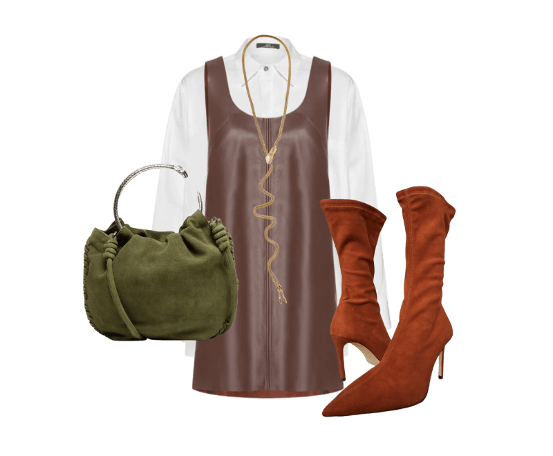 Bota De Chamois Stretch ; Bolsa De Chamois Mini Metal Snake ; Colar Gravatinha Dourado Cobra ; Camisa De Tricoline Essential ; Vestido De Couro Regata